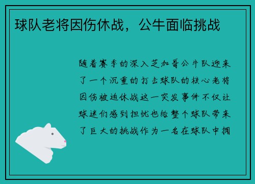 球队老将因伤休战，公牛面临挑战
