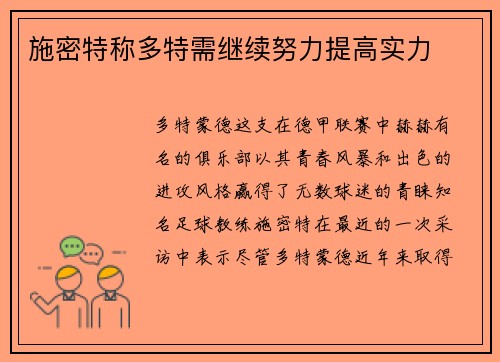 施密特称多特需继续努力提高实力